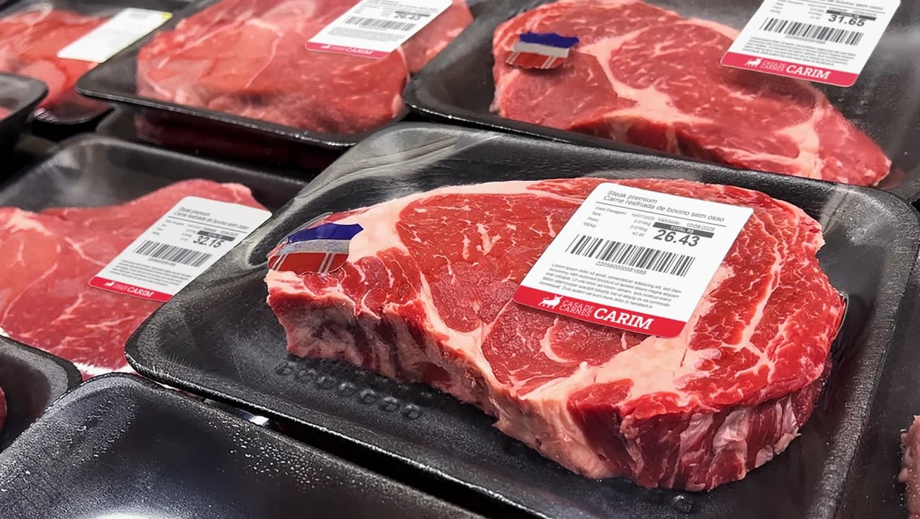 Bandejas de carne com etiquetas térmicas de balança