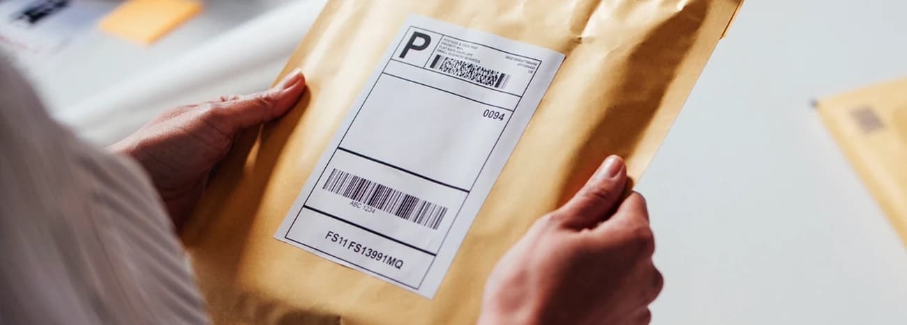Mãos segurando um envelope com etiqueta de envio impressa